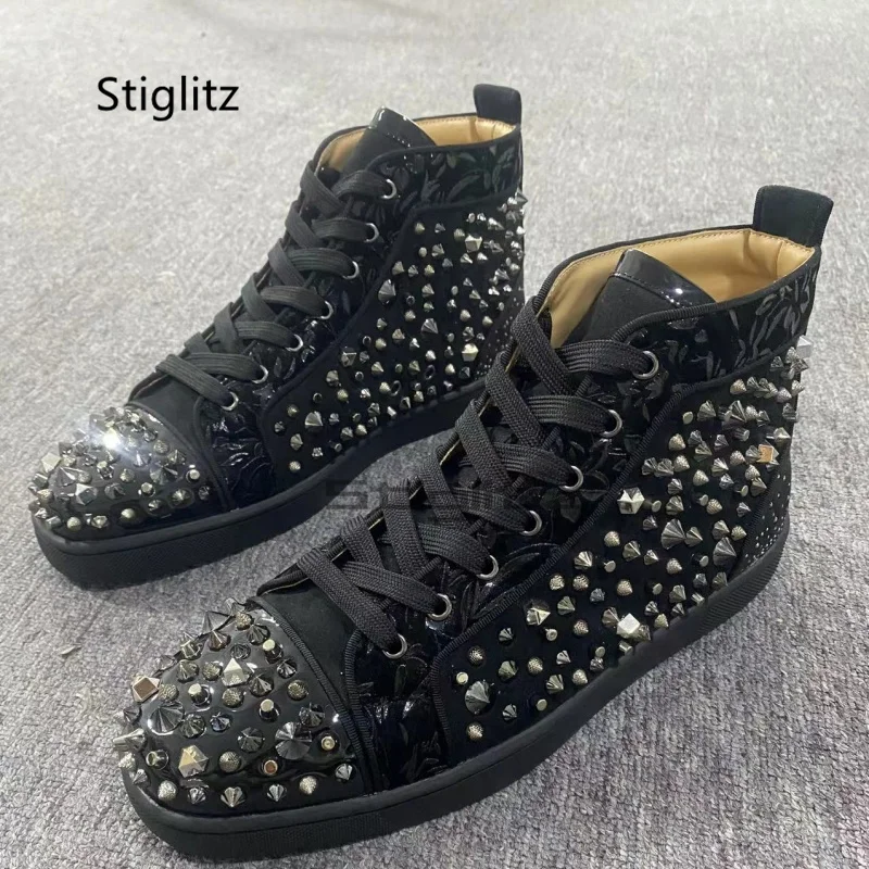 Black Rivets High Top Men's Shoes Genuine Leather Sneakers Glitter Punk Rivets Lace Up Casual Shoes Flats Walking Hiking Shoes