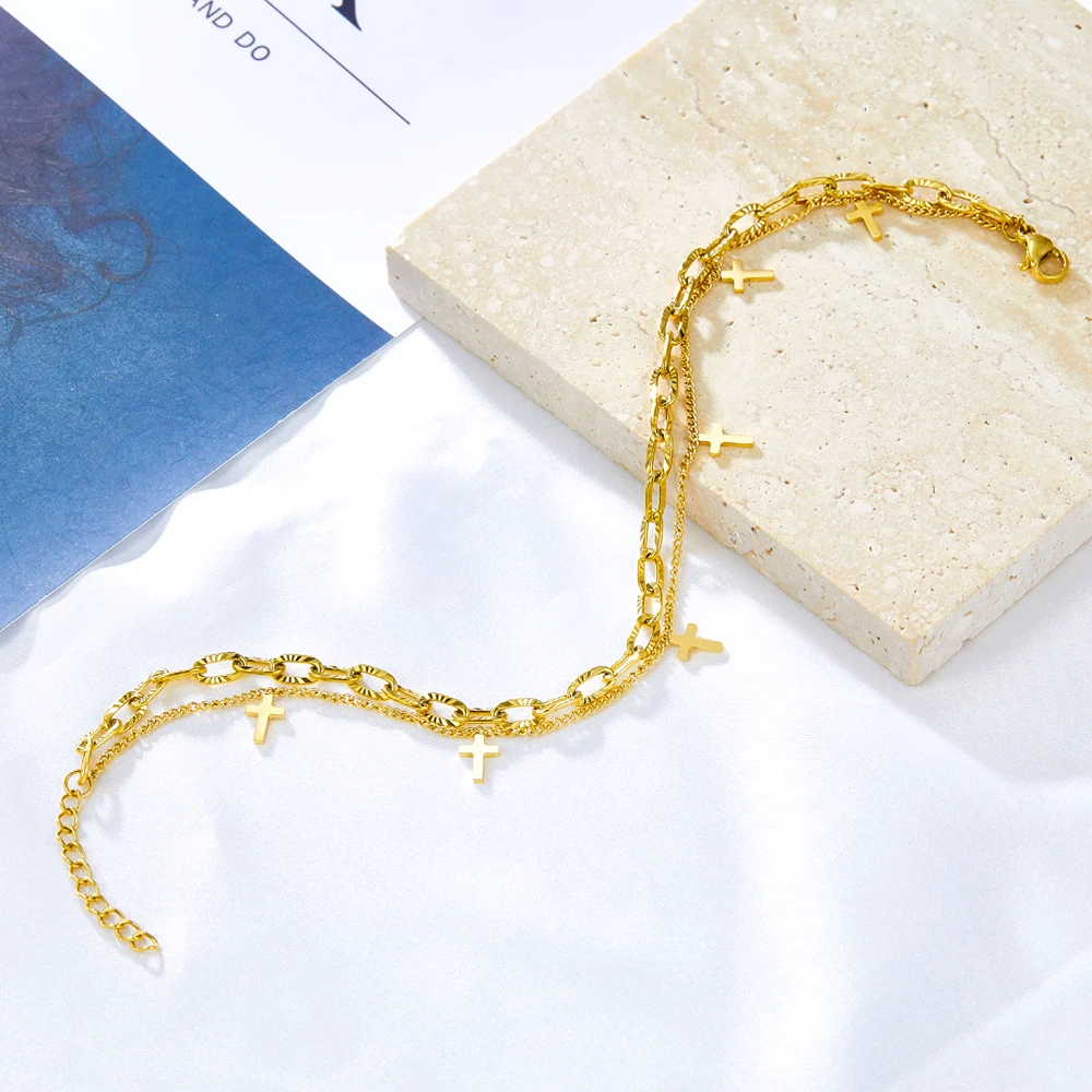 Luxusteel cruz dupla pé corrente tornozeleiras para mulheres pulseira na perna de aço inoxidável corrente tornozeleiras festa de casamento jóias