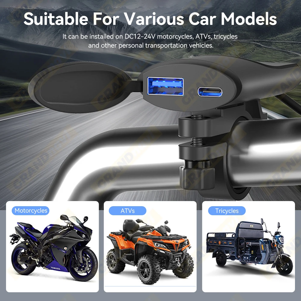 USB Motorcycle Charger Type-C +A Waterproof Fast Charger Socket Adapter Handlebar Mounting Bracket Charger 12V/24V Motorcycle view 2