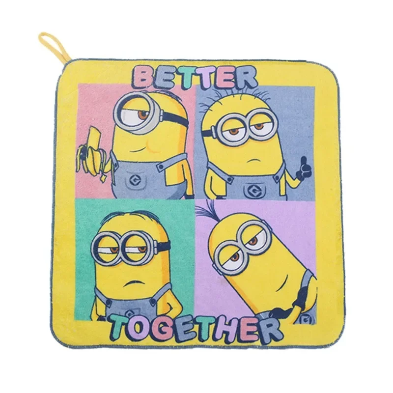 

Minions Cartoon Print Cotton Square Towel Absorbent Small Towel with Lanyard for Kids Soft Face & Hand Towel for Kindergarten