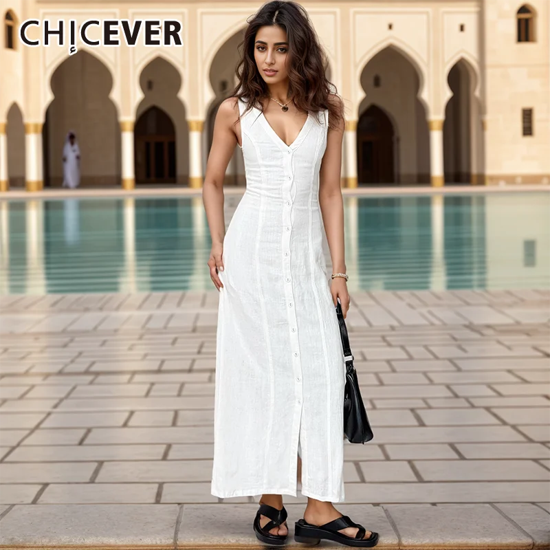 

CHICEVER White Linen Dress For Women V Neck Sleeveless Off Shouder High Waist Fashion Split Long Dress Female Summer Clothes New