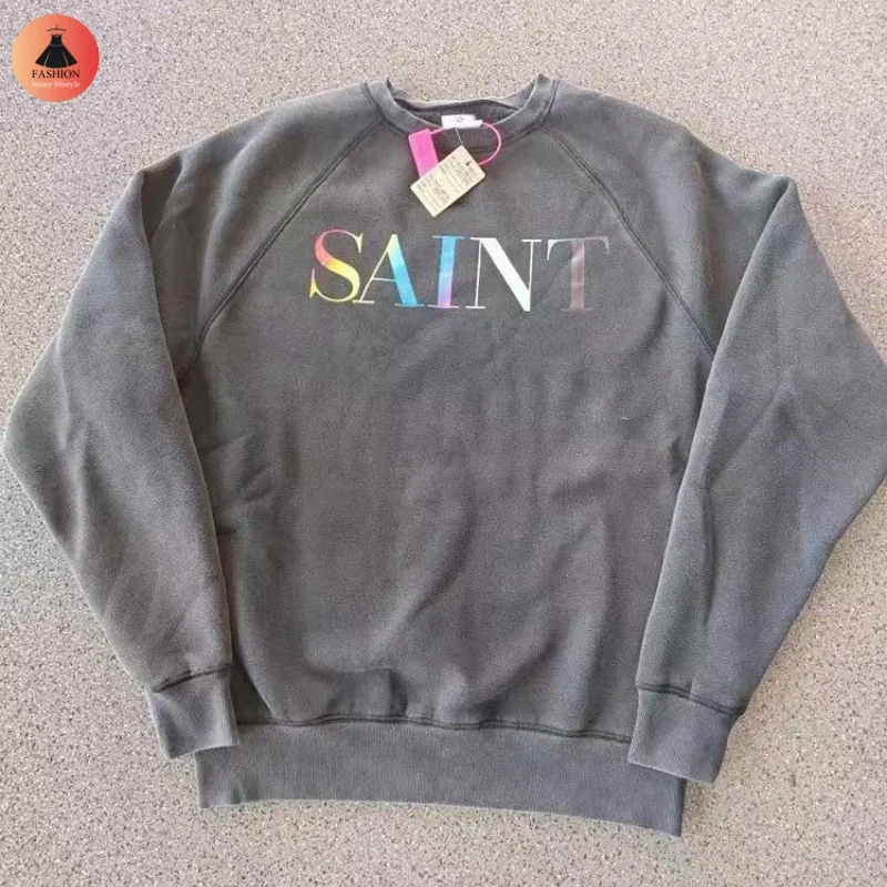 

Latest Street Trend SAINT Rainbow Letters Washed Simple Vintage Sweatshirt Mens Womens High-end Pullover Tops