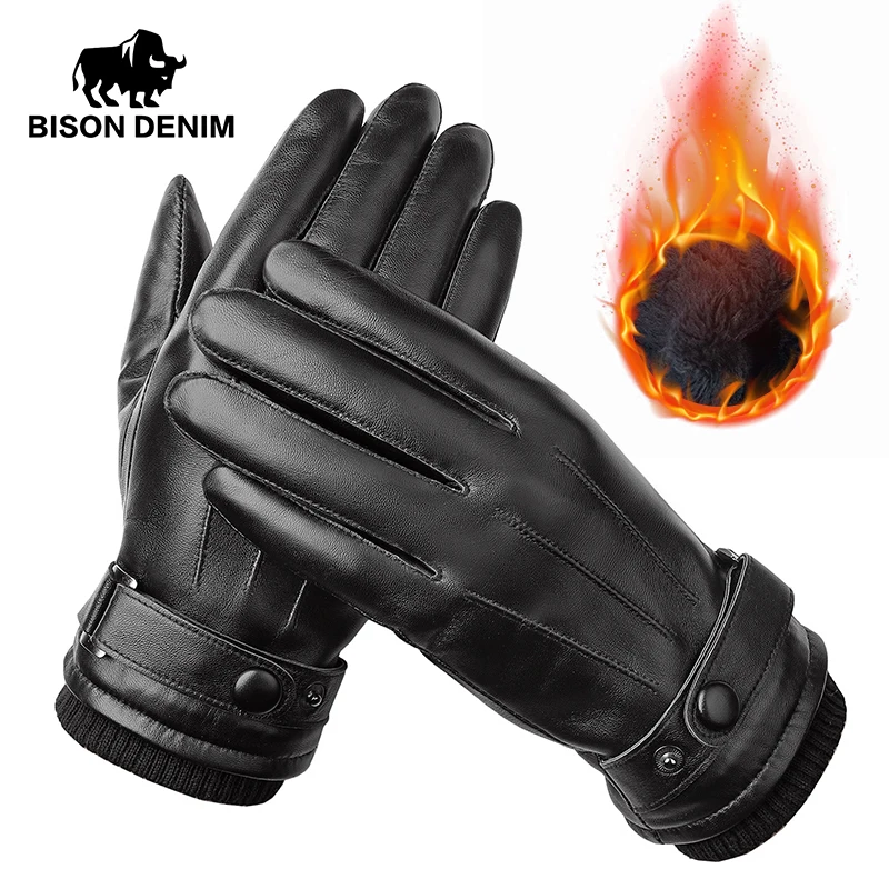 BISON DENIM guantes de piel de oveja auténtica para hombre Otoño Invierno a prueba de viento cálido Flleece pantalla táctil guantes de dedo completo