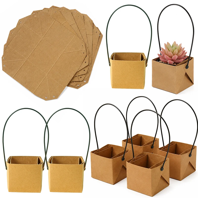 5-20PCS Kraft Paper Succulent Box with Handle Lightweight Stylish Foldable Succulent Pot Home Office Desk Shelves Decoration ZYF