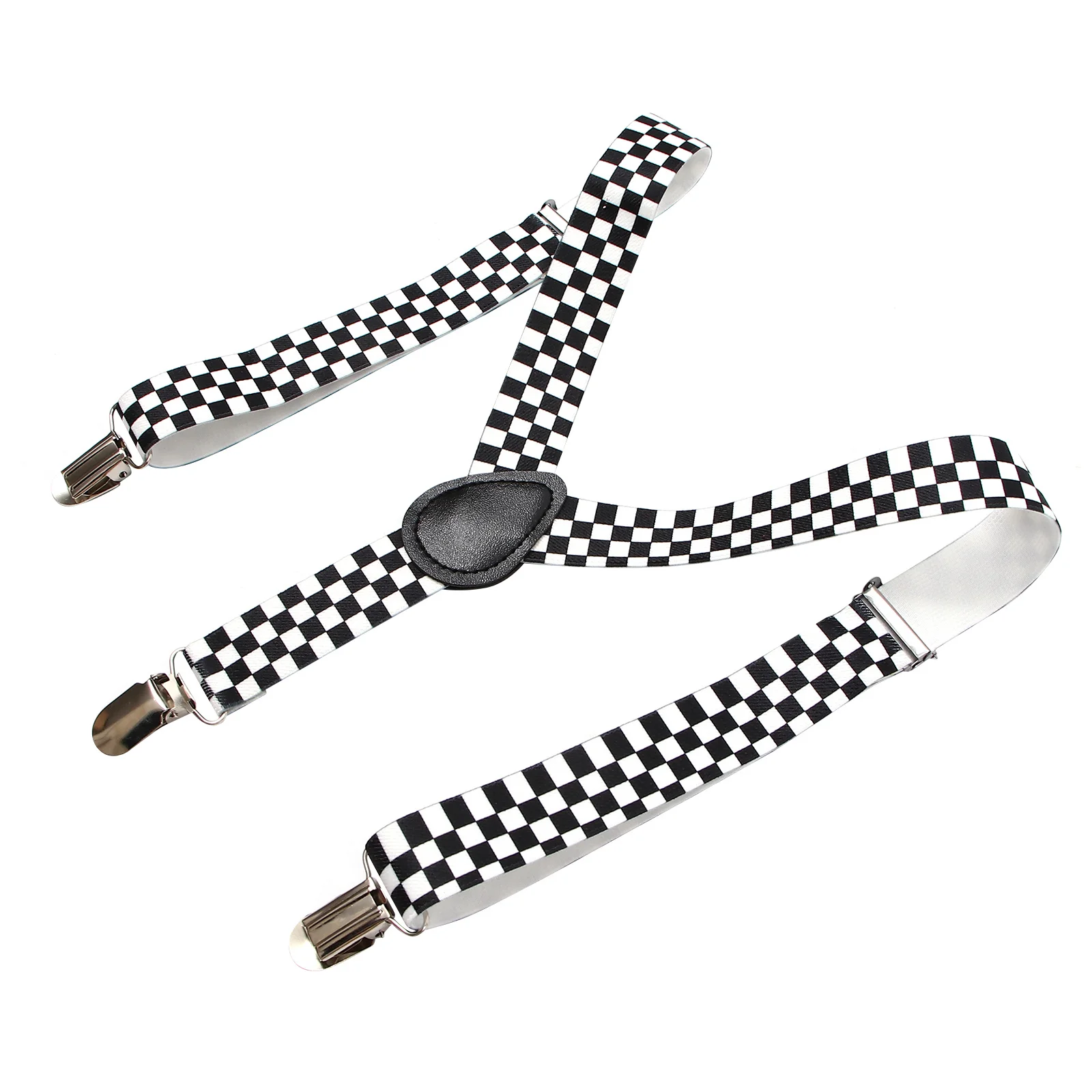 Checkered Clip-on Braces Elastic Y-back Suspender (Black+White)