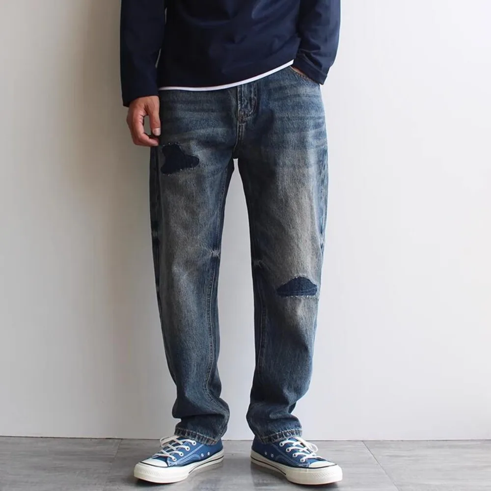 

Осенние джинсы с вышивкой, 13,5 унции, мужские потертые прямые свободные повседневные брюки большого размера, модные брюки с нашивками
