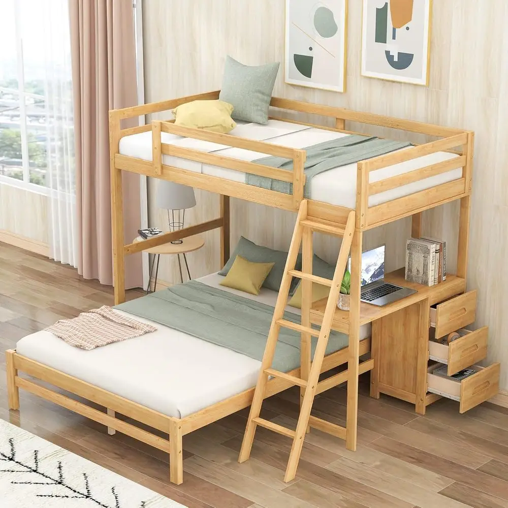 

Twin Over Full Bunk Bed with Built-in Desk and 3 Drawer Nightstand, Solid Wood Design with Safety Rail for Kids and Adults (Natu