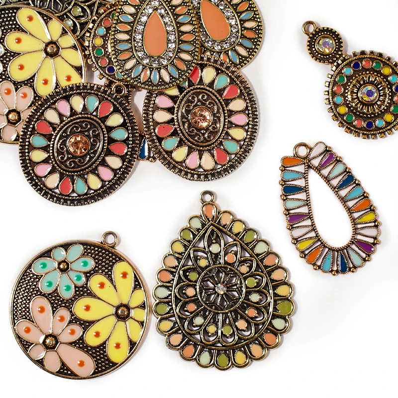 12pcs Bohemia Enamel Charms Ancient Golden Zinc Alloy Earrings Pendant DIY Women's Jewelry Making