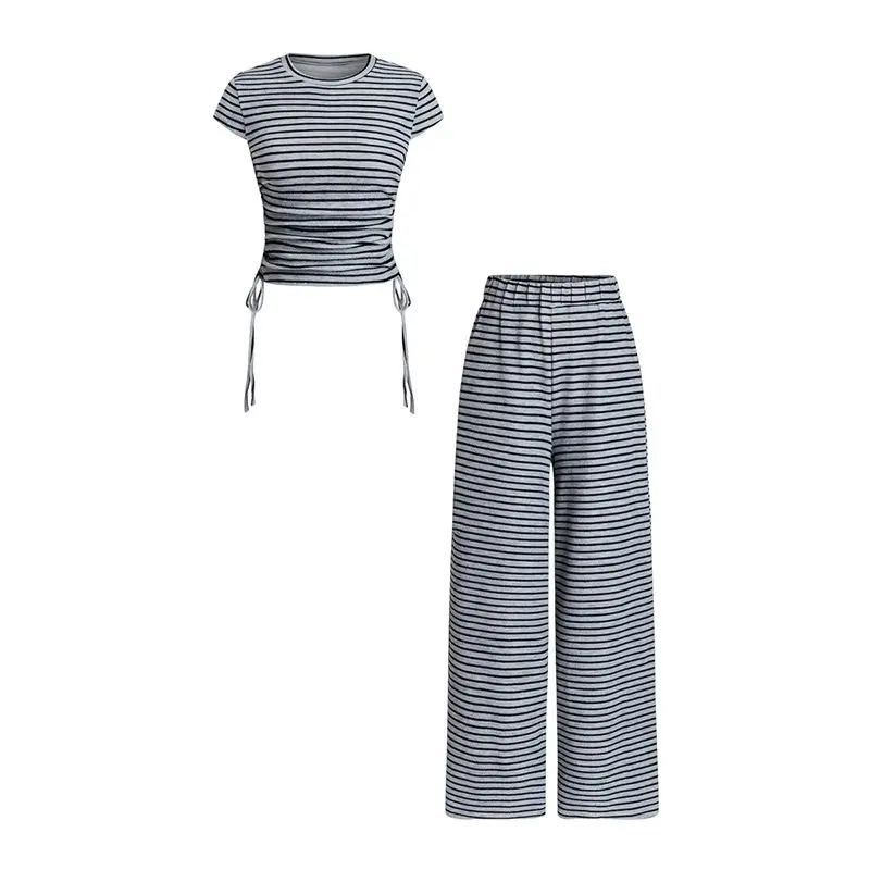 

CYL-Women 2 Piece Sets Summer Striped Outfits Matching Short Sleeves Top Wide Leg Lounge Pants Travel
