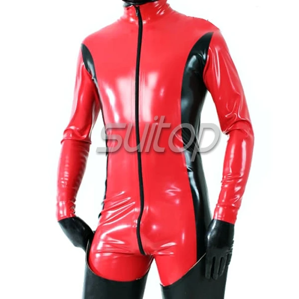 

Мужской красный латексный резиновый комбинезон с перчатками, сексуальный и популярный женский зентай с молнией спереди через промежность