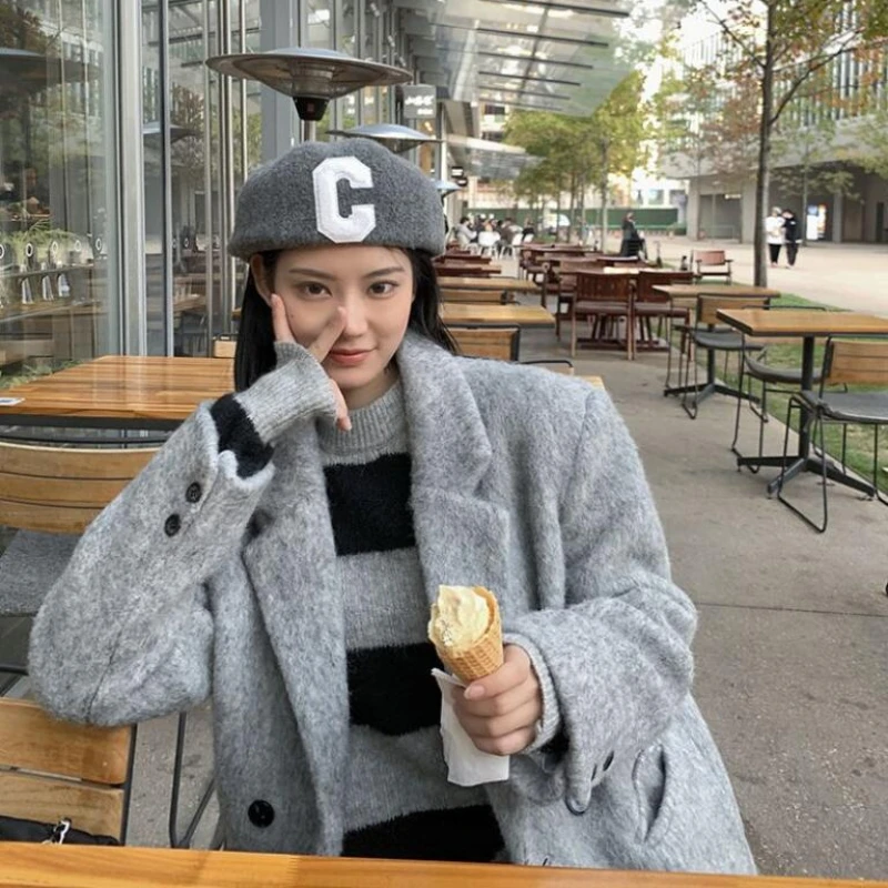Blends Women Outwear Simple Thicken Winter Coats Loose Solid Office Lady Vintage Newly Leisure Chic All-match Kpop Trendy Street