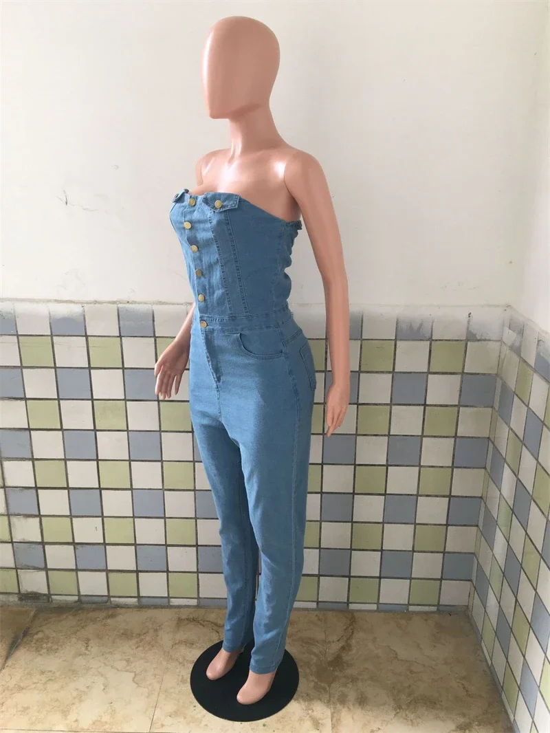 Ropa de calle, monos vaqueros, ropa de verano para mujer, Catsuits sin mangas sin tirantes, peleles vaqueros, monos de una pieza, trajes
