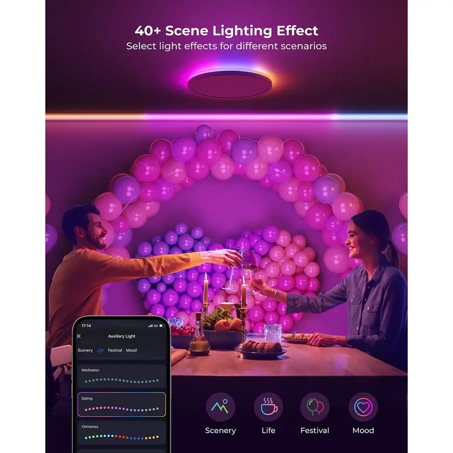 Smart LED Ceiling Light WiFi, 12IN RGB Flush Mount Light Fixture, DIY Colors, Compatible with Alexa Google Home, 3000K6500K Ceil