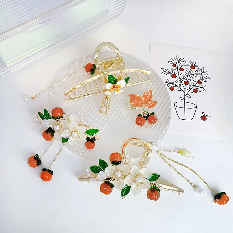 2022 New Exquisite Persimmon Pearl Flower Tassel Hairpin Women's One Word Hairpin Large Shark Clip Fashion Headwear Jewelry