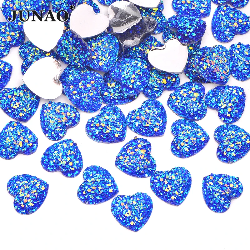 JUNAO 12mm 100pcs Glitter Silver Heart Rhinestone Applique Flatback Crystal Stones Resin Gems Non Hotfix Strass for Decoration