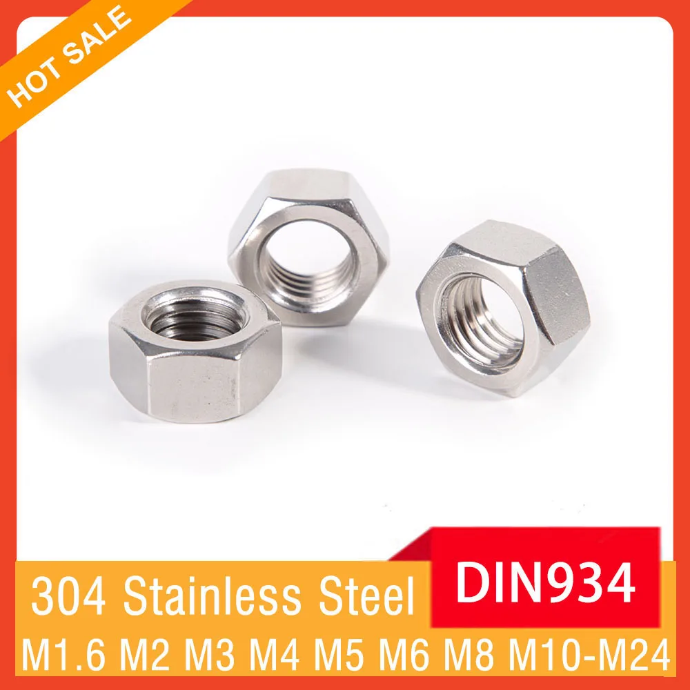 Coarse Thread Hex Nuts M1.6 M2 M2.5 M3 M4 M5 M6 M8 M10 M12 M14 M16 M18 M20 M22 M24 DIN934 A2-70 304 Stainless Steel Hexagon Nuts