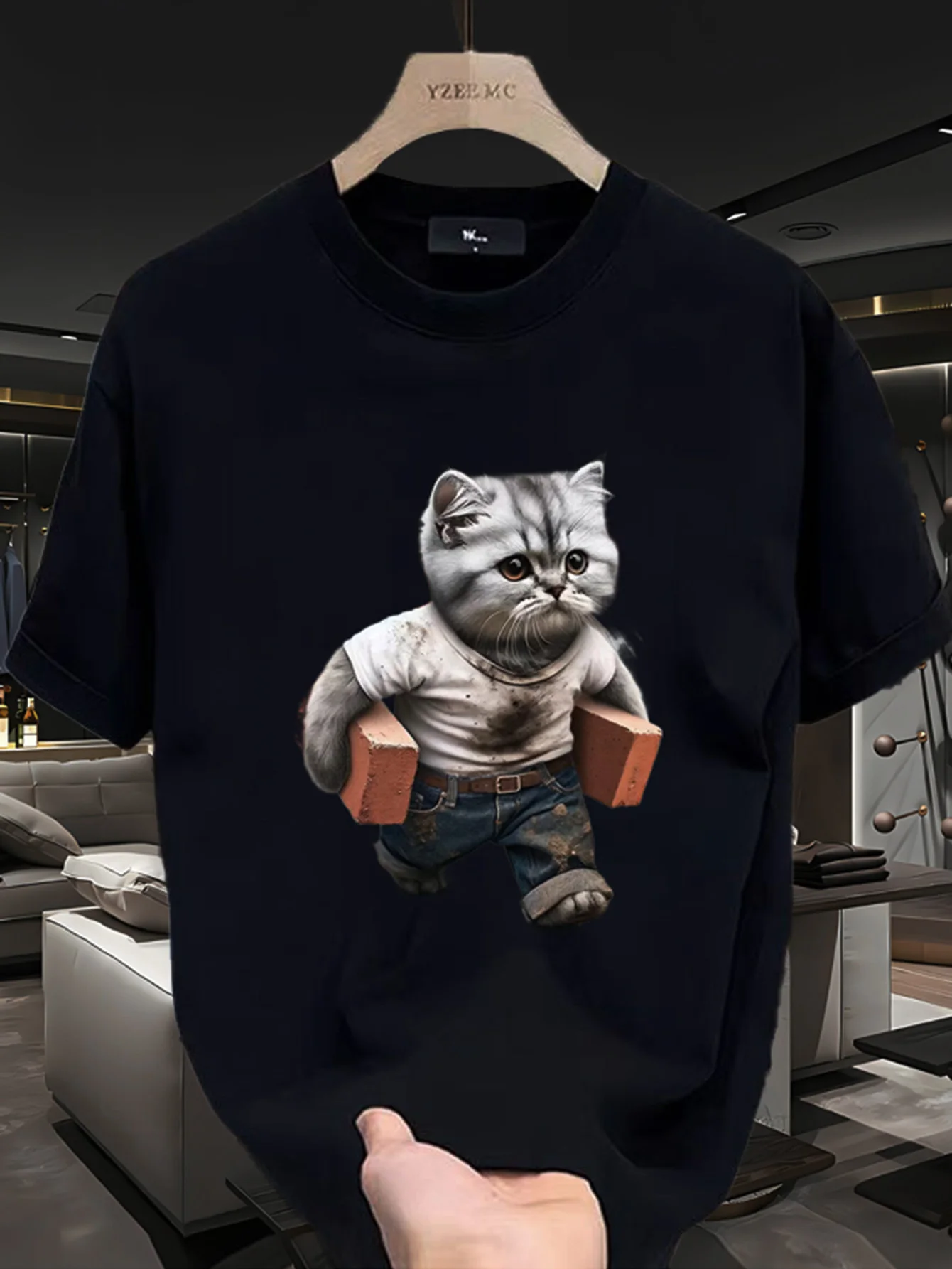 Summer streetwear adult animal brick-patterned printed T-shirt for men. 100% cotton, casual and loose-fitting short-sleeved top.