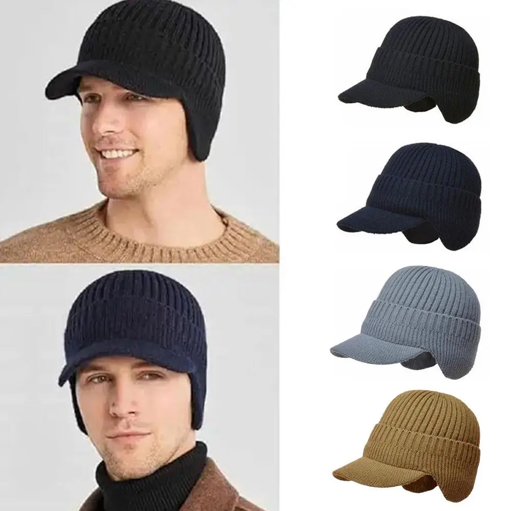 Outdoor Ear Protector Cap Thick Bicycle Knitted Cap Visors Thickened Hat Duck Knitted Tongue Baseball Men Windproof Cap Sca V4W7