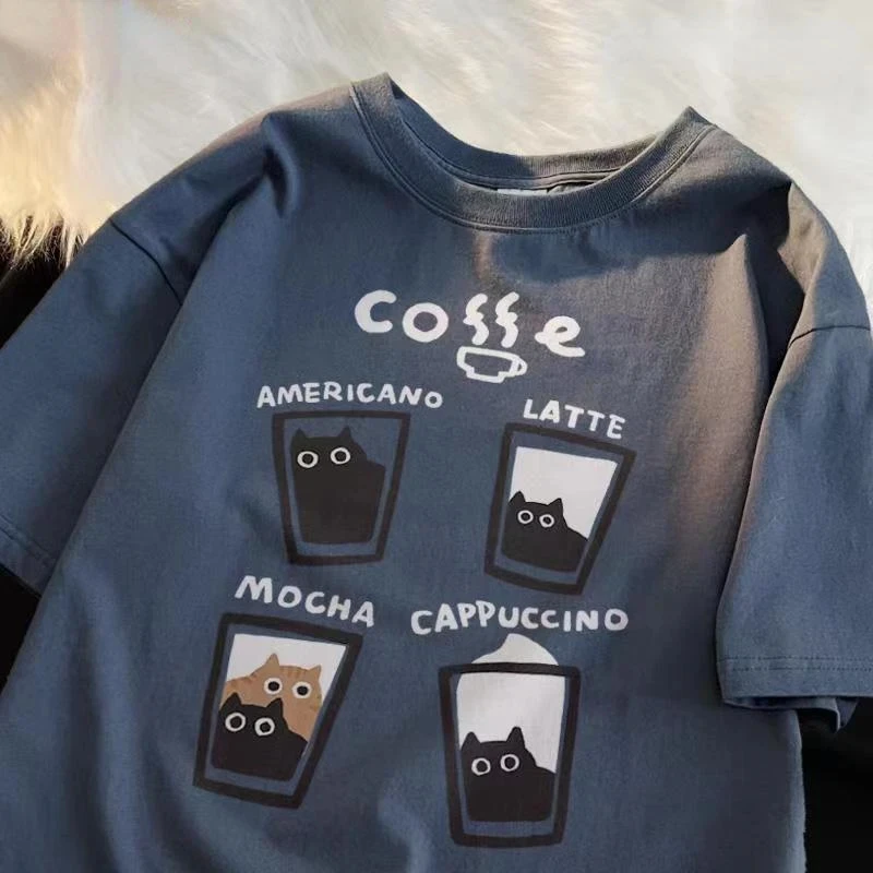 American Retro Trendy Cat Cotton T-shirt Casual Round Neck Men Women Summer Loose Couple Short Sleeved Tops Tee Harajuku Y2k Tee