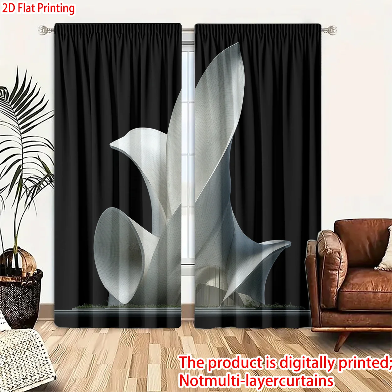 Modern Abstract White Flower Blackout Curtains 2D Digital Printed Living Room Bedroom Drapes Single Layer Window Treatment.
