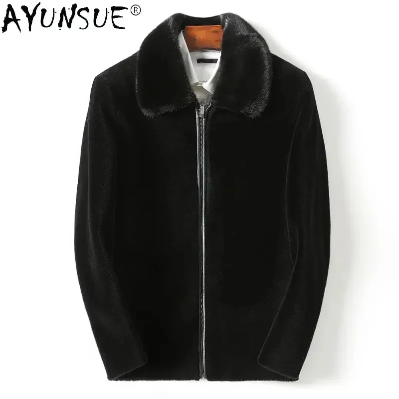 

AYUNSUE Winter Fur Coat Men Sheep Shearing Jacket Clothes Mink Collar Coats Casual Lapel Wool Jaqueta Masculina