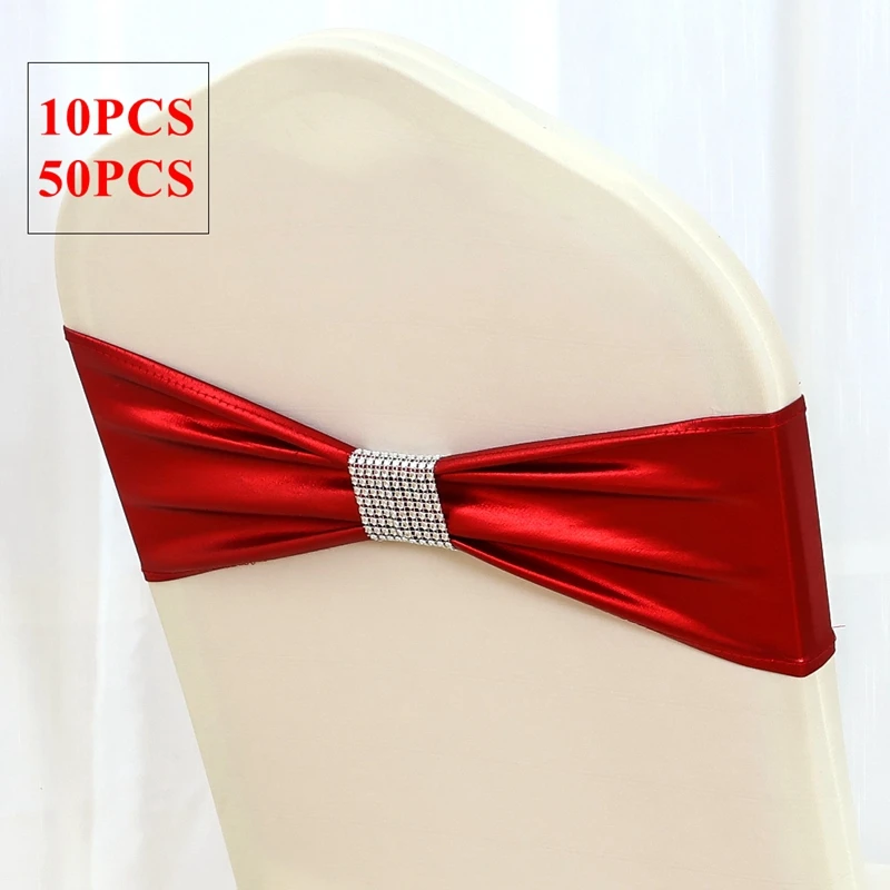 50pcs Red Bronzing Mettalic Lycra Chair Band Spandex Sash Tie Bow For Chair Cover Wedding Event Christmas Party Decoration