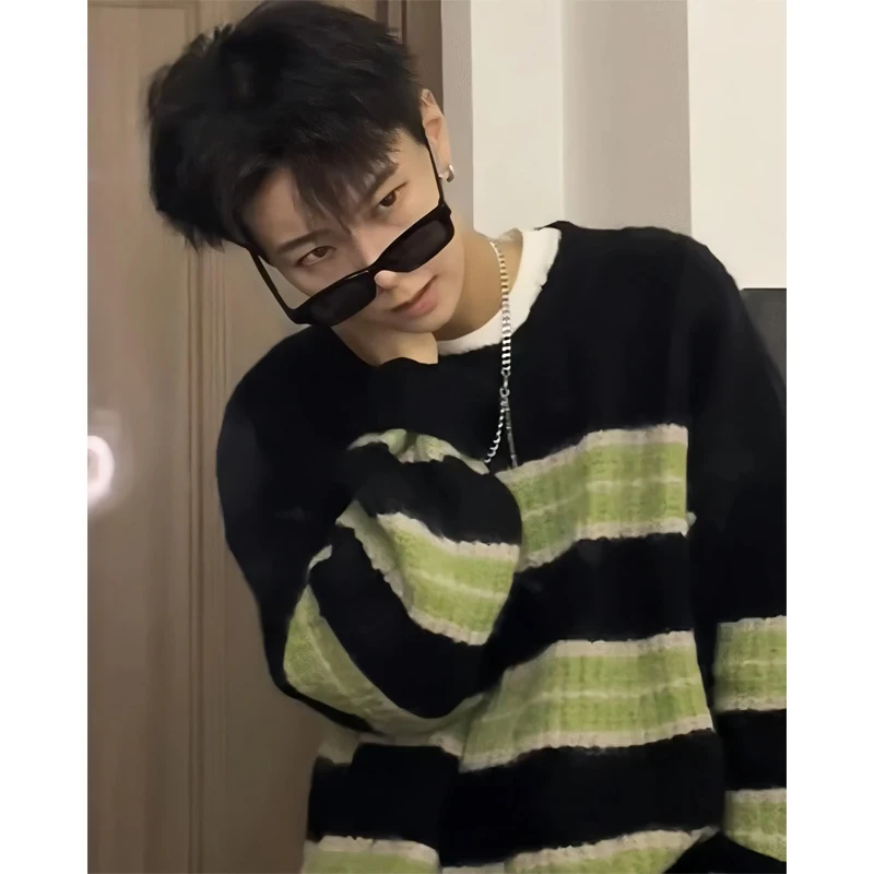 

Мужской свитер в американском ретро-стиле с полосками, вязаный, в стиле хип-хоп, с цветовыми блоками, для пар, премиум-класса