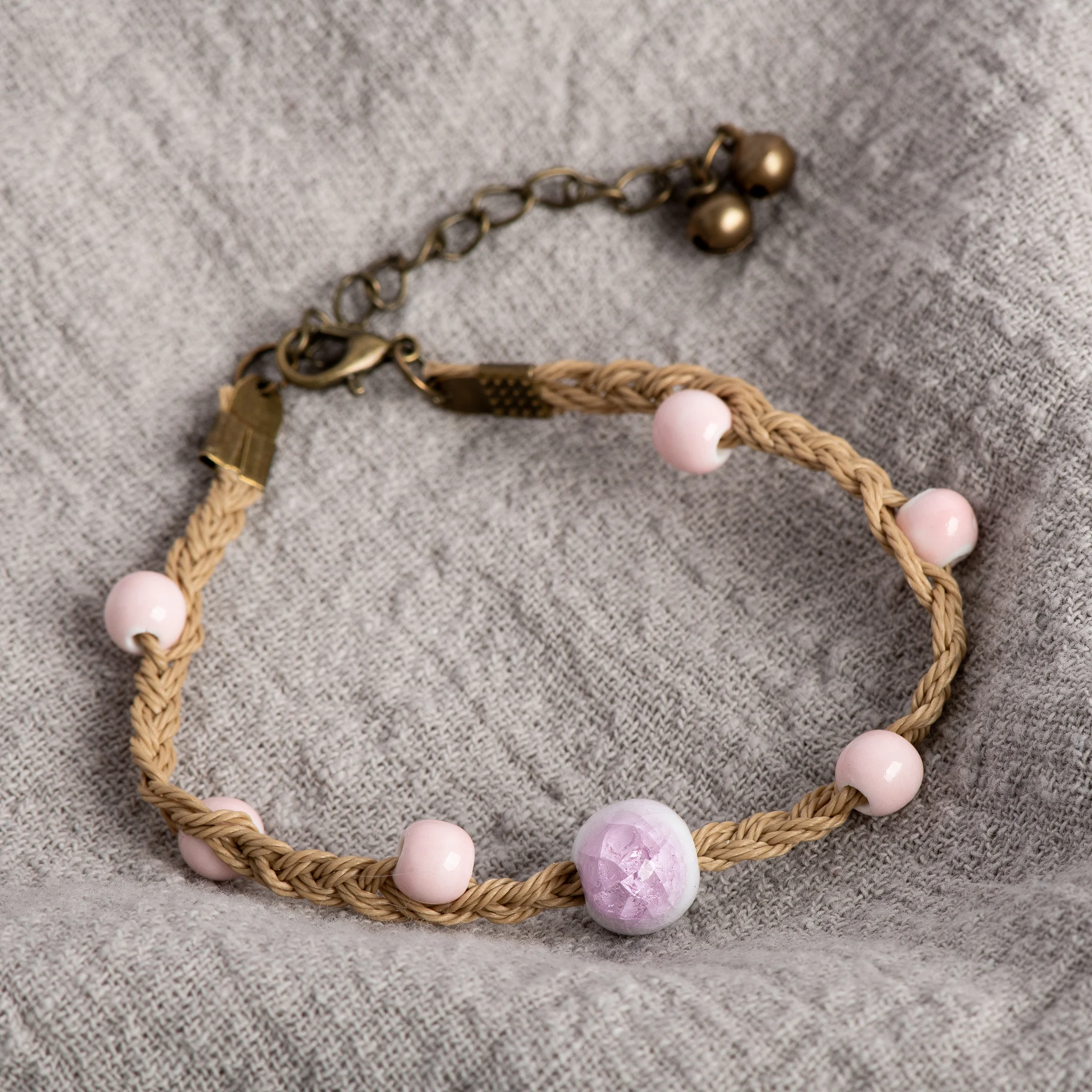 Braided Knot Ceramic Bracelet Handmade Adjustable Jewelry in Crackle Blue and Pink Vintage Jewelry gifts regalo