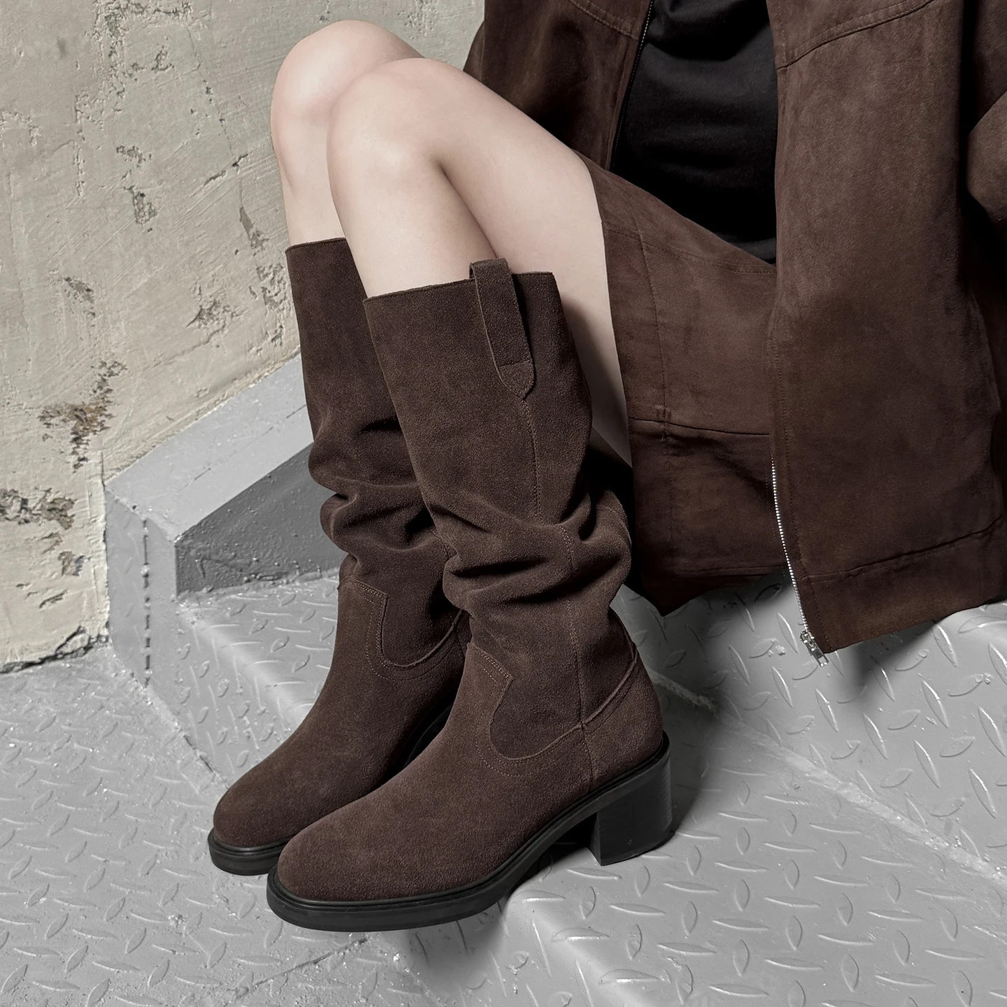 

QUTAA 2026 Fashion News Women Knee High Boots High Heel Cow Suede Round Toe Long Boots Winter Woman Dress Western Shoes 34-40