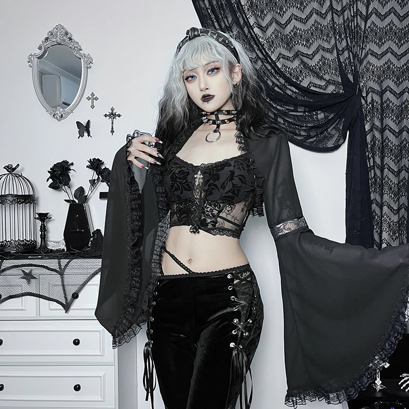 Women's Autumn New Gothic Style Lace Bell Sleeve Blouse Tops Gauze Long Sleeve Coat Halloween Costume