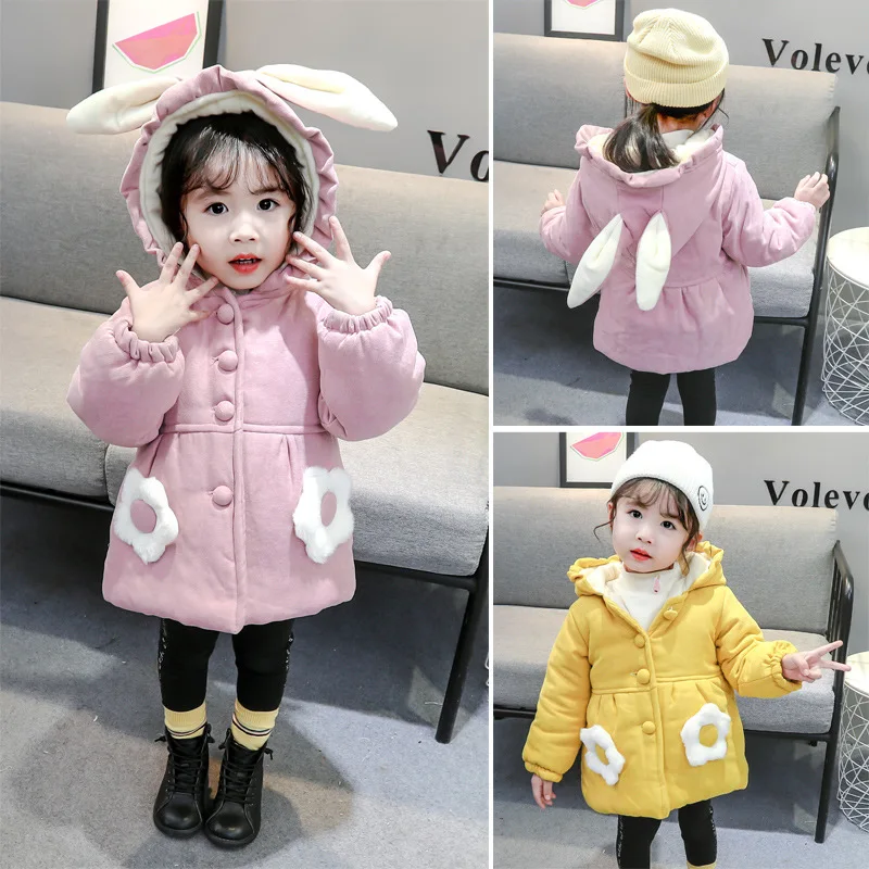 Summer New Baby Girls Coat Cotton-Padded Jacket Little Rabbit Ears Hooded And Fleece Thick Coat Flower Sweet Coat