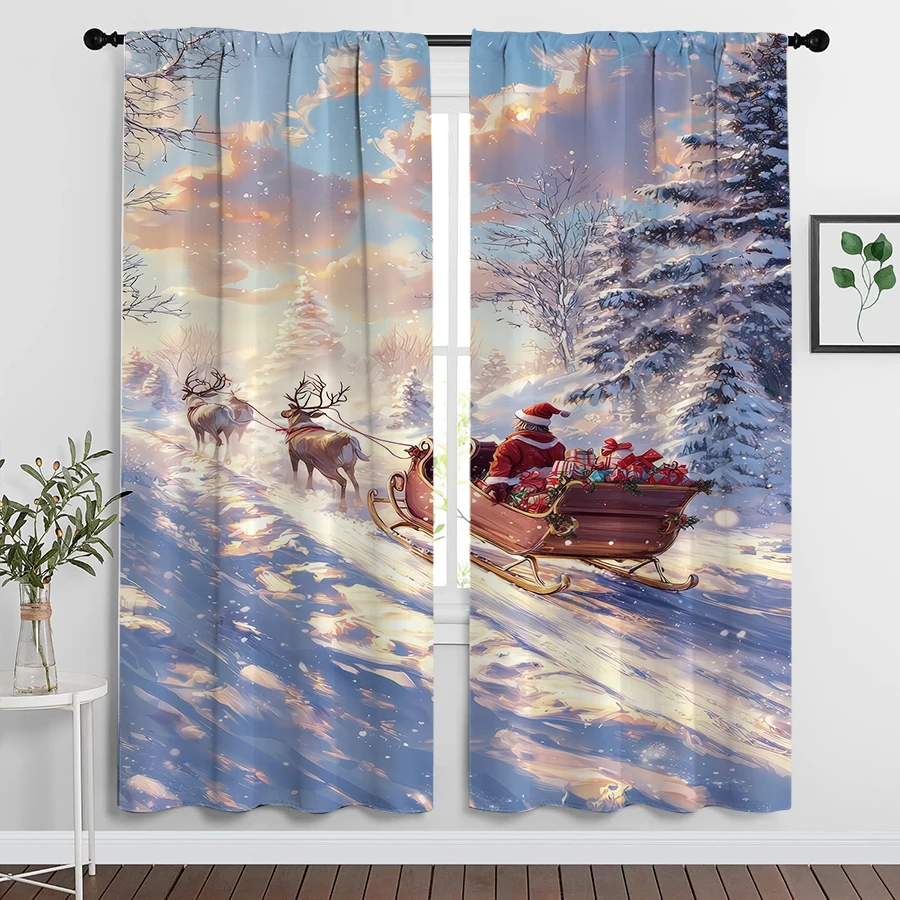 2PCS Christmas Winter Curtains, Santa Sleigh Reindeer Snow Scene, Digital Print, Bedroom Living Room, Home Decor Window Drapes