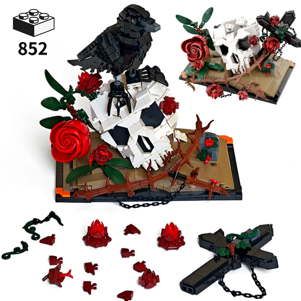 

Gothic Crow Skull Rose Book Building blocks Set 852PCS Flowers Bricks Model for Halloween Home Decor & Gothic Tabletop Ornament