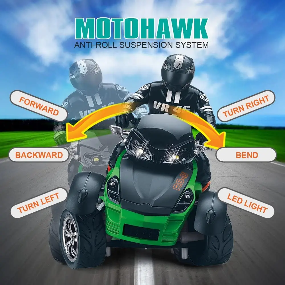 Veicolo in scala 1:10 2.4GHz ad alta velocità a tre ruote RC MotoHawk Motocicletta Giocattoli ATV Road Racer con fari a LED Giocattolo regalo per bambini
