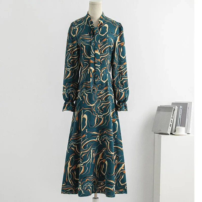 Autumn Spring Chiffon Dress Women Casual Dresses Vestidos Fashion Female Vintage Printed Floral Full Sleeve A-line Long Dresses