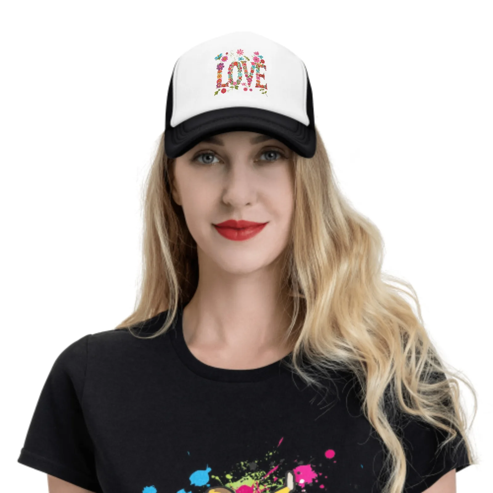 Unisex Flower Love Baseball Cap, Trucker Mesh Hat, ajustável, esportes, respirável, moda, viagens diárias, homens, mulheres