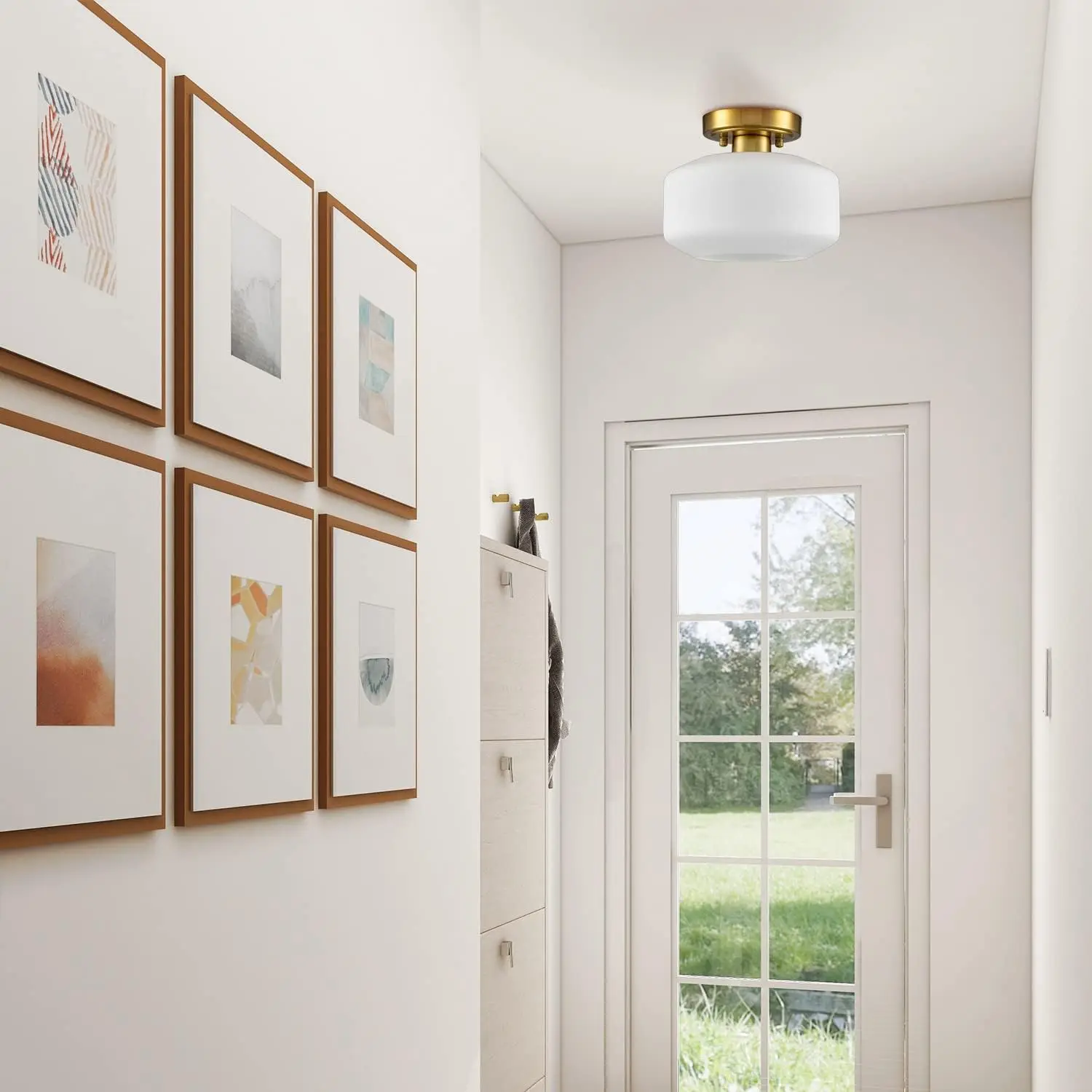 Semi Flush Mount Gold Hallway Light, Modern Farmhouse Luz, Hung Fixture, Opala Leite Vidro Sombra