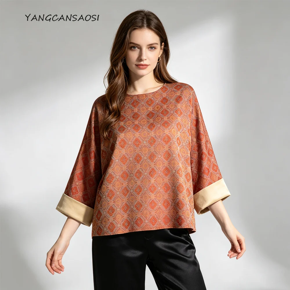 2026 Women's Fashion Autumn New Red Checkered Print 100% Natural Mulberry Silk Song Brocade Round Neck Top