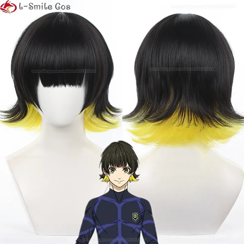 

Bachira Meguru Cosplay Anime Blue Lock Short Black Yellow Bachira Meguru Cosplay Wig Heat Resistant Hair Party Wigs + Wig Cap
