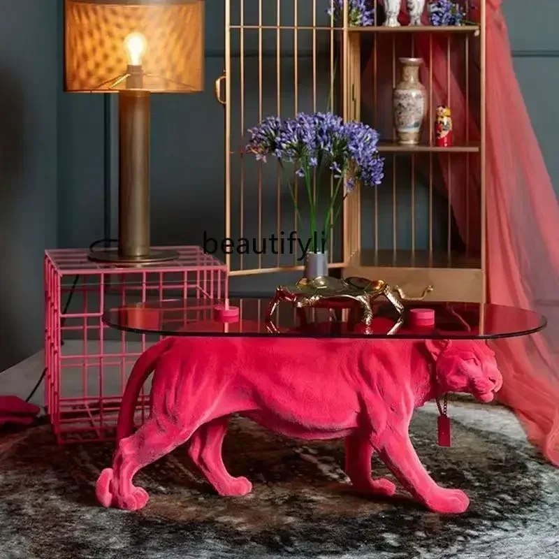 Modern Simple and Light Luxury FRP Animal Tea Table Pink Leopard Tempered Glass Tea Table