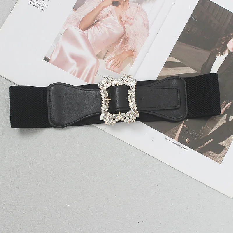 Rhinestone Buckle Belt Pu Leather Women'S Waist Cinch Elastic Waist Belt Black Square Buckle Belt For Light Formal Occasions