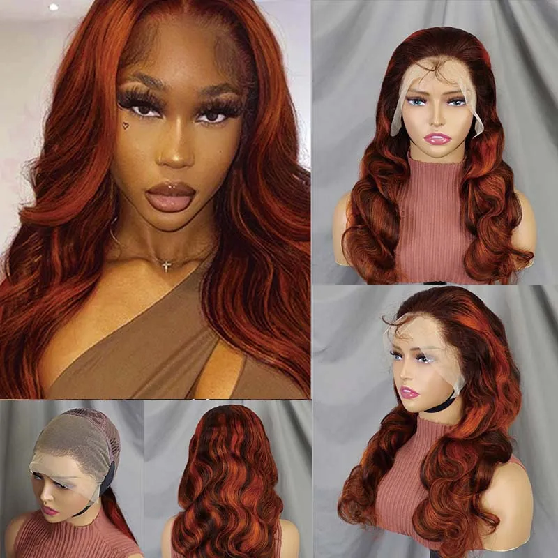 Lace Front Wig Ginger Orange Highlight Human Hair  Wig  4/350# Colored Body Wave Wigs Human Hair Pre Plucked with Baby Hair