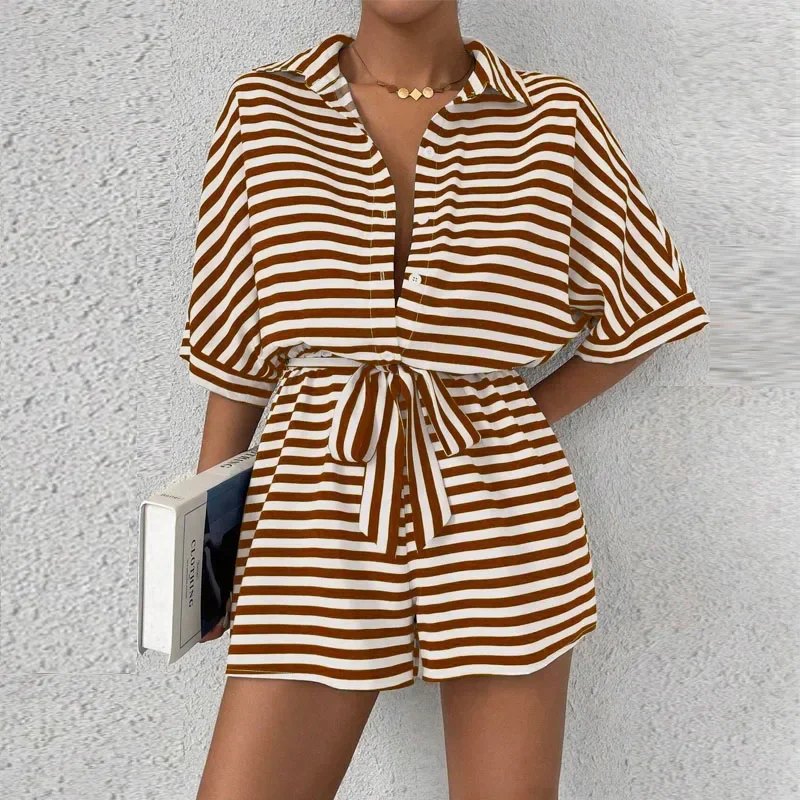 

Rompers for Women New Summer Short Sleeve Turn Down Collar Striped Lace-up Straight Romper Women Mono Corto Mujer 2026 Q4518