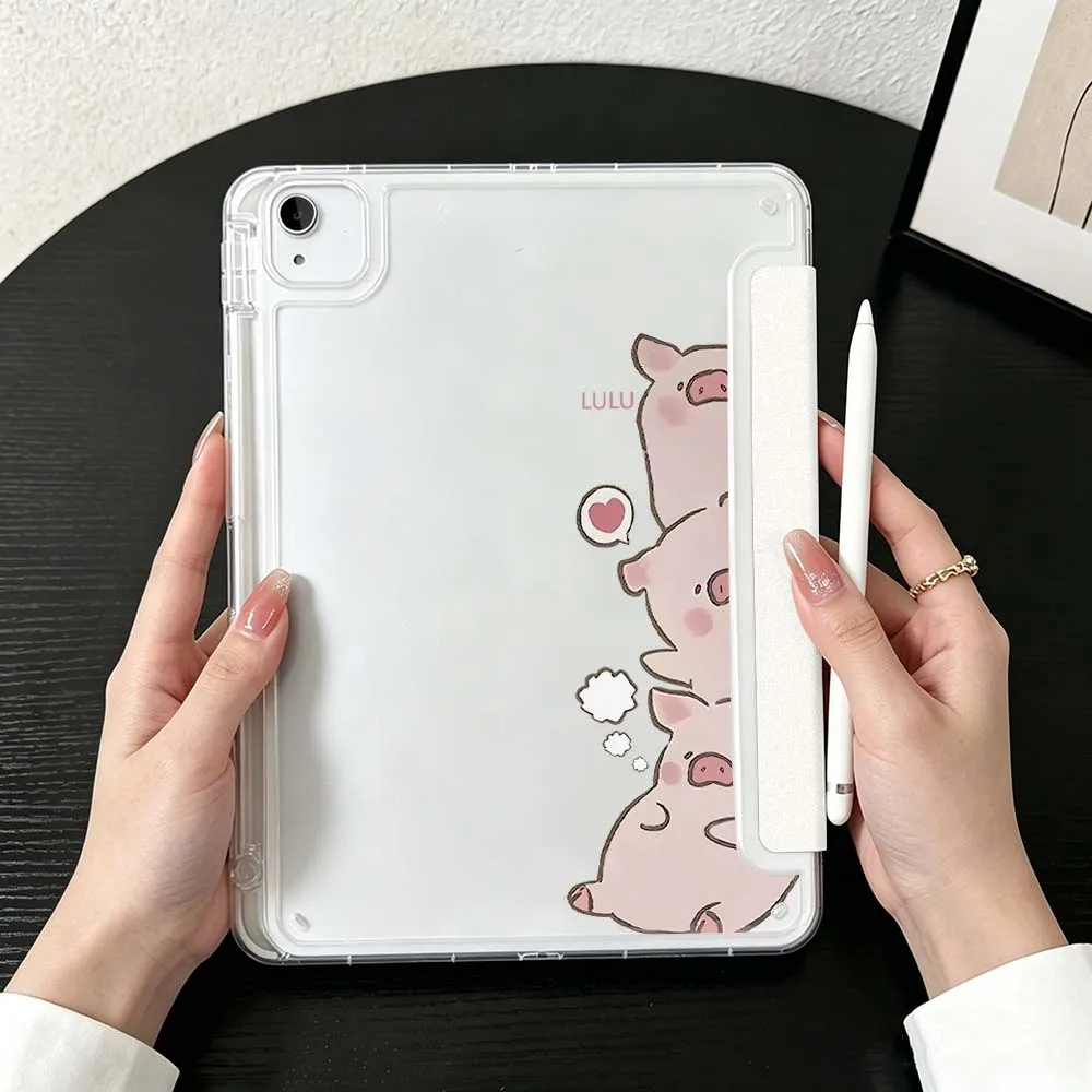 Cartoon Cute Pigs For iPad Mini Pro Air 5 6 7 8 9 10th 11th 11 9.7 10.9 13 inch Transparent Y-Shaped Folding Tablet Case