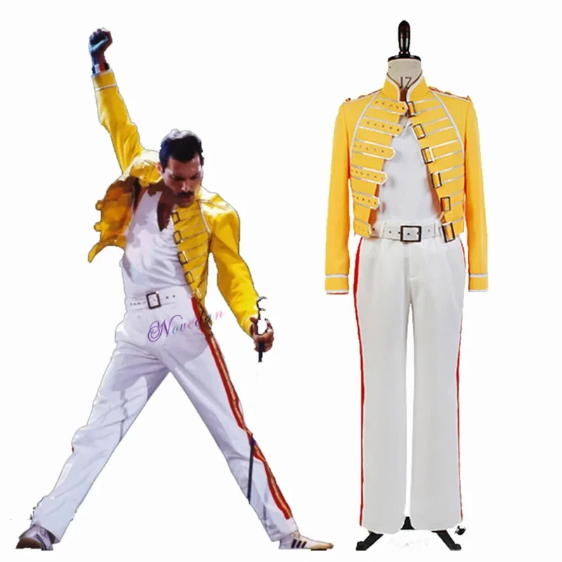 Queen Lead Vocals Freddie Mercury Cosplay Costume DJ Singer Ballroom Dance Stage Yellow Jacket Coat Shirt Pants Outfit Full Set