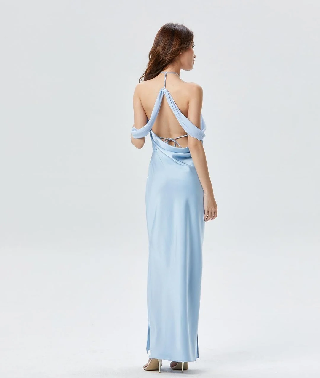 Ribbon neck hanging satin backless spicy girl long dress with seaside vacation design sense dress