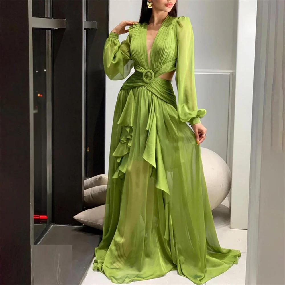 

Pandora Sexy green deep V-neck floor-length ball gown Long sleeve A-line pleated tiered women's wedding formal evening dress