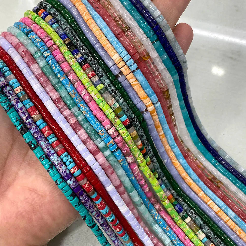 Pierre naturelle 2*4mm cylindre plat rouge vert calcédoine sédiments de mer jaspe Tube perles d'espacement pour la fabrication de bijoux Bracelet bricolage