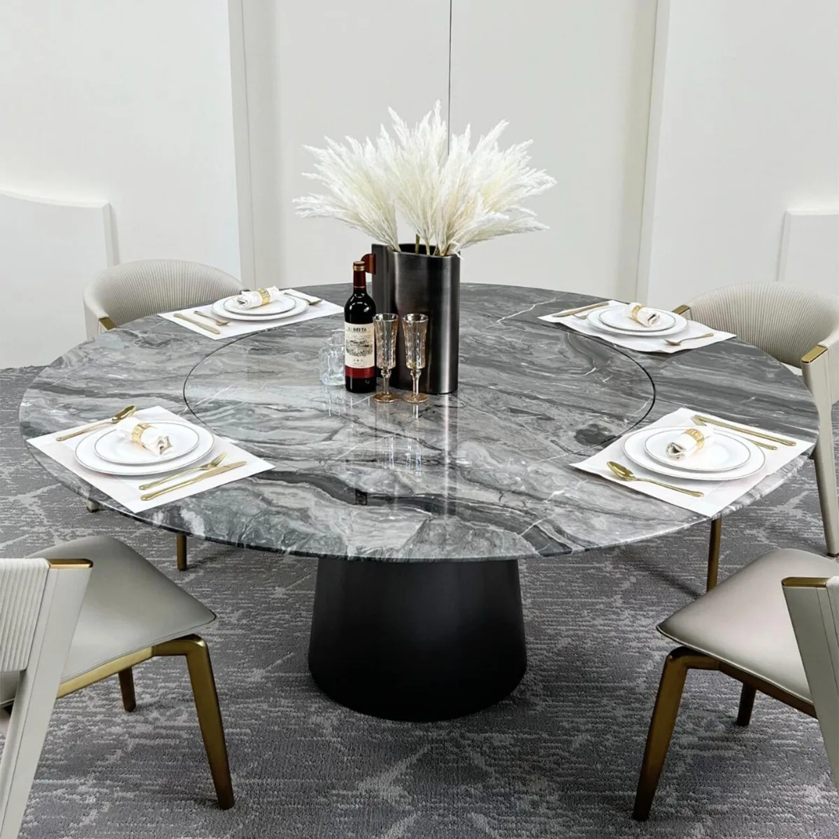 

With turntable, natural marble, dining table with turntable