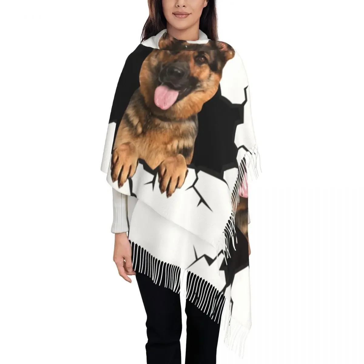 Female Large German Shepherd 3D Sticker Scarves Women Winter Fall Thick Warm Tassel Shawl Wrap Dog Lover GSD Scarf